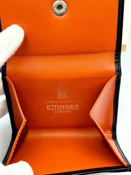 極美品　エッティンガー　コインケース　スターリングコレクション ブラック　オレンジ　レザー　メンズ　二つ折り財布　カードケース 