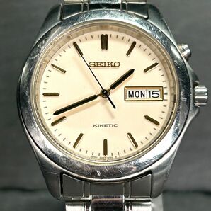 SEIKO セイコー KINETIC キネティック 5M43-0E10 腕時計 オートリレー 発電式 アナログ 3針 カレンダー ステンレススチール アイボリーの画像3