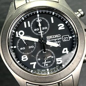 SEIKO セイコー クロノグラフ SNA139 腕時計 クオーツ アナログ カレンダー チタニウム ブラック文字盤 メンズ シルバー 動作確認済み