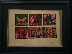 Art hand Auction 特别展品 Keith Haring 原创艺术动物人类亲手签名手写纸/混合媒体/油画带框正面签名基金会认证印章背面 KH 印章, 艺术品, 绘画, 其他的