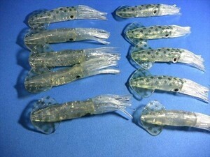 イカ・斑点グリーン・10個　9cm イカベイト・イカワーム・ソフトイカ・根魚、青物、マダイ、真鯛だけでなくマゴチ、ヒラメもok