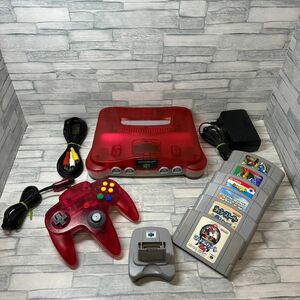 【N64】ニンテンドー64本体 （クリアレッド）カセット6本とGBパック付　 NINTENDO64 クリアレッド　動作確認済み