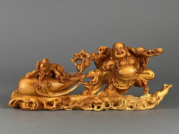 新品未使用 置物 開運 仏像 七福神 高級天然木彫り 布袋様 風水 一刀彫