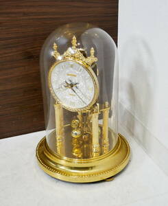 ▲(R604-I83) 現状品 Nisshin 日新時計工業 master 400 DAY CLOCK マスター400日巻 ゼンマイ式 置時計 振り子時計 ゴールド系 全長約30cm