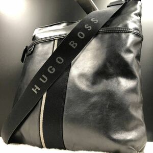 A4◎●HUGO BOSS ヒューゴボス メンズ ショルダーバッグ サコッシュ ポシェット 斜め掛け ビジネス オールレザー 本革 ブラック ストライプ