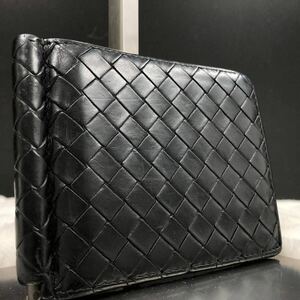 【美品】BOTTEGA VENETA ボッテガヴェネタ 二つ折り財布 マネークリップ カードケース イントレチャート レザー ブラック メンズ ビジネス