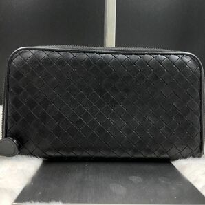 【美品】BOTTEGA VENETA ボッテガヴェネタ 長財布 ラウンドファスナー イントレチャート 編み込み レザー 本革 ブラック メンズ ビジネスの画像2