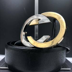 [ beautiful goods / rare ]GUCCI Gucci belt Inter locking GGte Caro go leather original leather black gold silver metal fittings commuting going to school business men's 85 size 