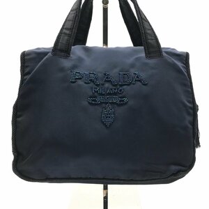 1円 良品 PRADA プラダ ロゴ ビーズ ナイロン ハンド トート バッグ ネイビー a3077