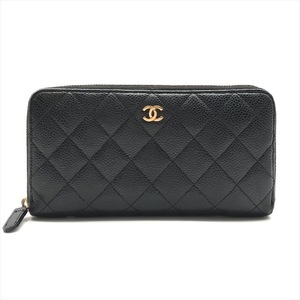 良品 CHANEL シャネル ココマーク マトラッセ キャビアスキン ラウンドファスナー ウォレット 長財布 ブラック a2764