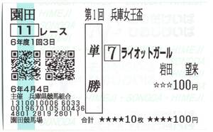 2024年 兵庫女王盃 ライオットガール 現地購入単勝馬券