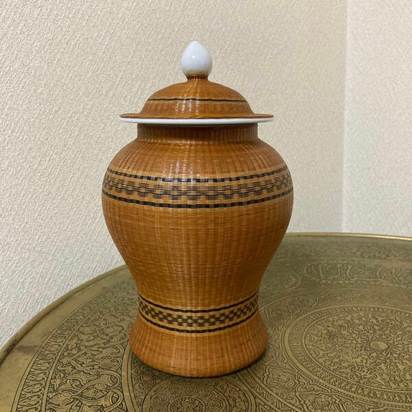 東南アジア/中国　陶器製竹編み細工の壺　花瓶　ビンテージ　媒竹　古い土産物