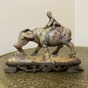中国　石製置物　牧牛に乗る子供　水牛　中国美術　ビンテージ　彫刻　工芸品