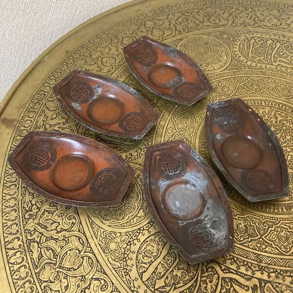 時代 茶托 5枚 明治 大正 寿 福 骨董〈検 古銅 茶道具 金属工芸