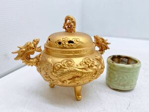 香炉 龍 三足 金属製品 縁起物 猫足 仏具 龍神香炉 香道具 置物 インテリア 竜 猫脚 三つ脚 蔵出し 整理品 2頭 古美術 