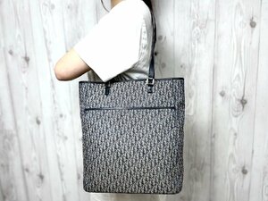 極美品 Christian Dior クリスチャン ディオール トロッター トートバッグ ハンドバッグ バッグ キャンバス×レザー 紺 A4収納可 70346