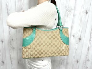 極美品 GUCCI グッチ GGキャンバス トートバッグ ショルダーバッグ バッグ キャンバス×レザー 茶系×エメラルドグリーン 66573