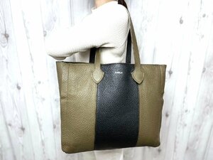 極美品 FURLA フルラ トートバッグ ショルダーバッグ バッグ レザー カーキ×黒 A4収納可 メンズ 70528Y