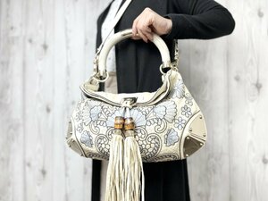  ultimate beautiful goods GUCCI Gucci python flower embroidery bamboo fringe handbag shoulder bag bag leather cream × light blue series 2WAY 64633