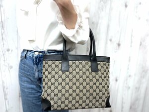 極美品 GUCCI グッチ GGキャンバス トートバッグ ハンドバッグ バッグ キャンバス×レザー 茶×黒 A4収納可 70948Y