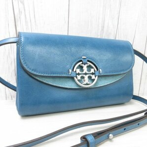 極美品 Tory Burch トリーバーチ ショルダーウォレット 長財布 ショルダーバッグ バッグ レザー×スエード 水色系 2WAY 70264Yの画像2