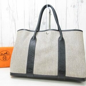 極美品 HERMES エルメス ガーデンパーティPM トートバッグ ハンドバッグ バッグ トワルアッシュ×レザー A4可 グレー×黒 70494の画像2