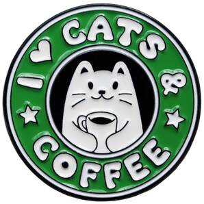 ピンバッジ 猫とコーヒー I LOVE CATS AND COFFEE パロディピンズ かわいいネコのデザイン エナメル＋合金製 顔2