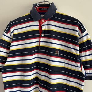 90s TOMMY HILFIGER トミーヒルフィガー ボーダーポロシャツ S マルチボーダー 古着 大きめ