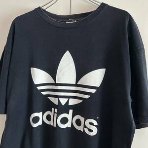 90s adidas アディダス ロゴTシャツ M トレフォイル ブラック ロゴプリント 古着 アーカイブ ボロ グランジ 大きめ