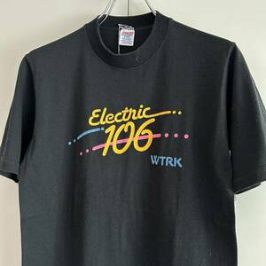 70s JERZEES ジャージーズ USA製 electric 106 WTR ロゴTシャツ M 袖シングル ブラック アート ムービー 古着 アーカイブ ユニセックス