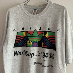 90s adidas アディダス USA製 ワールドカップUSA 94 Tシャツ L ロゴプリント トレフォイル グレー 古着 アーカイブ ボロ グランジ