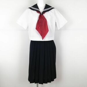 1円 セーラー服 スカート スカーフ 上下3点セット 夏物 白3本線 女子 学生服 高知商業高校 白 制服 中古 ランクC EY7069