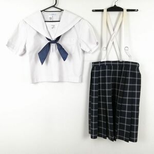 1円 セーラー服 チェックスカート スカーフ 上下3点セット 大きいサイズ 夏物 白3本線 女子 学生服 福岡十文字中学 白 中古 ランクC EY9541