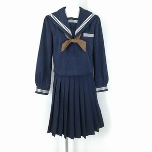 1円 セーラー服 スカート スカーフ 上下3点セット 大きいサイズ カンコー 冬物 白3本線 女子 学生服 中学 高校 紺 中古 ランクC EY9356