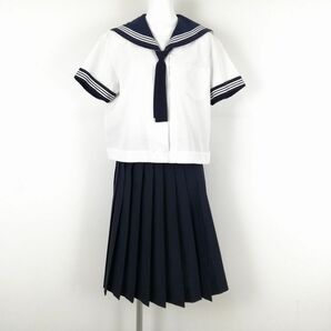 1円 セーラー服 スカート ネクタイ 上下3点セット 大きいサイズ 夏物 白3本線 女子 学生服 中学 高校 白 制服 中古 ランクC EY9064の画像1