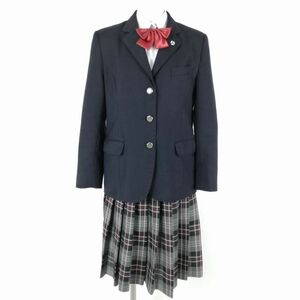 1円 ブレザー チェックスカート リボン 上下4点セット 冬物 女子 学生服 東京南平高校 紺 制服 中古 ランクC NA0080