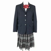 1円 ブレザー チェックスカート リボン 上下4点セット 冬物 女子 学生服 東京南平高校 紺 制服 中古 ランクC NA0080_画像1