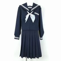 1円 セーラー服 スカート スカーフ 上下3点セット 165A 大きいサイズ 冬物 白3本線 女子 学生服 中学 高校 紺 制服 中古 ランクC EY9519_画像1