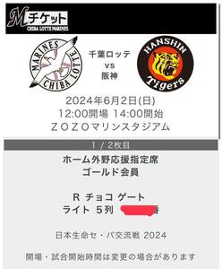 6/2(日) 千葉ロッテ vs 阪神タイガース　ライト外野指定席2枚連番