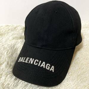 【超美品】 BALENCIAGA バレンシアガ キャップ バイザーロゴ L59 マジックテープ デカロゴ 黒 ブラック コットン メンズ レディース 帽子