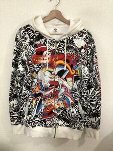 DON ED HARDY エドハーディー　総柄　スウェットパーカー　フルジップ　ストリート　セレクト　メンズ　ジップアップパーカー 古着