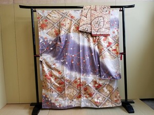 振袖/袋帯/長襦袢/三点セット/紫/金駒刺繍/友禅/落款/刺繍衿/古典柄/結婚式/成人式/KQA916