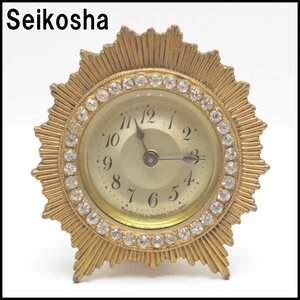 レトロ 動作品 精工舎 置時計 手巻き式 ラインストーン入り 高さ9.5cm×幅8.8cm Seikosha アンティーク