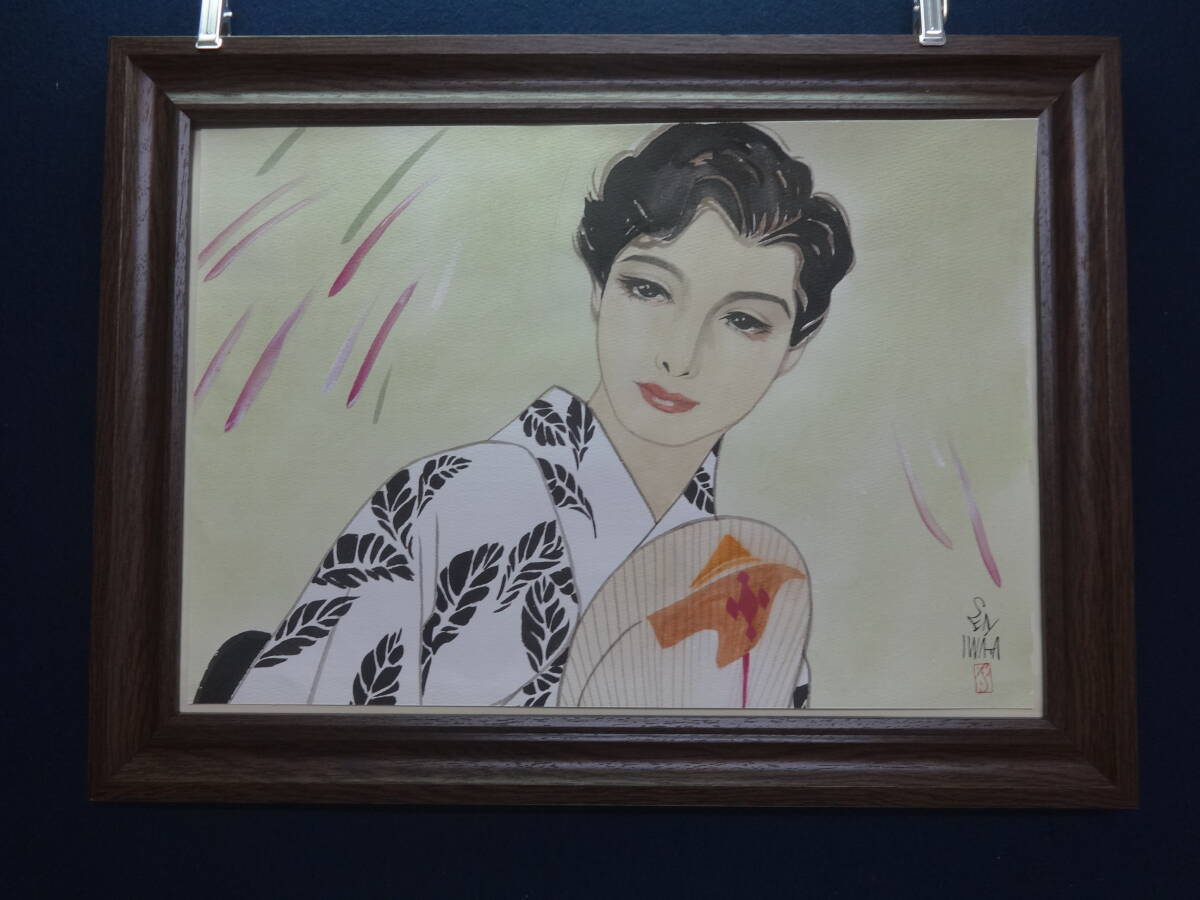 【模写】岩田専太郎 花火 おんな画集Ⅳ 装い･水彩画紙本著色･額装･昭和レトロ おんな専太郎張り･写真や印刷ではなく人が描いた絵is04o, 絵画, 日本画, 人物, 菩薩