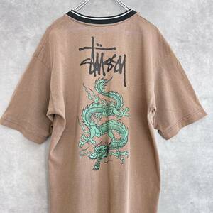 90s STUSSY ステューシー ドラゴン Tシャツ Vネック Lサイズ 紺タグ レア ブラウン