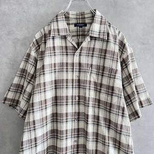  сделано в Японии BURBERRY LONDON Burberry London рубашка с коротким рукавом L размер проверка рубашка бежевый × Brown хлопок лен .