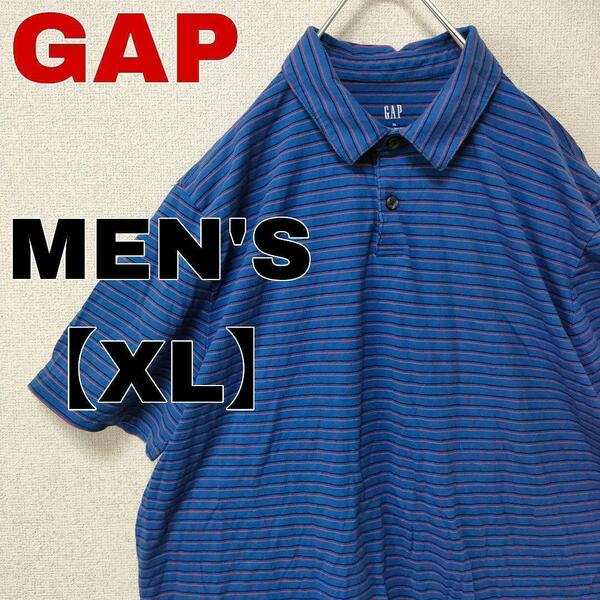 K19【GAP】ギャップ ボーダー ポロシャツ【メンズXL】ブルー