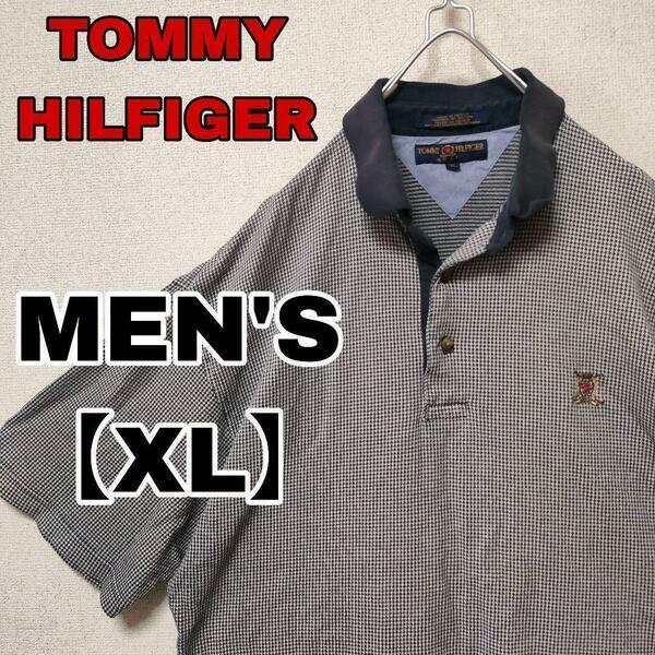 BB6【TOMMY HILFIGER】刺繍 千鳥柄 半袖ポロシャツ【メンズXL】
