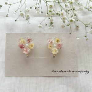 Ｎｏ．10 ハンドメイド イヤリング パンジー レジン アクセサリー かすみ草 ドライフラワー