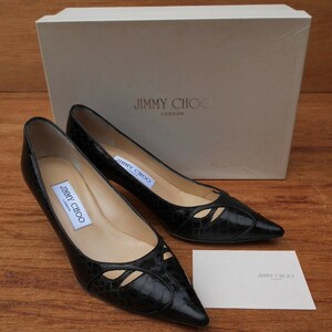 JIMMY CHOO ジミーチュウ 本革パテントレザー 22.5cm 35.5 パンプス 黒 ブラック スネークエンボス加工イタリア製 切替デザイン5.5cmヒール